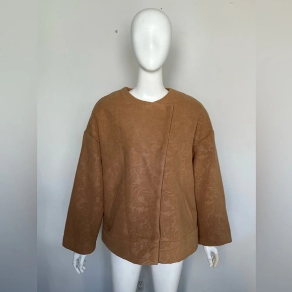 Suite Blanco Paisley Camel Tan Pea Coat Jacket Size L Large Pockets Round Neck - Picture 1 of 10
